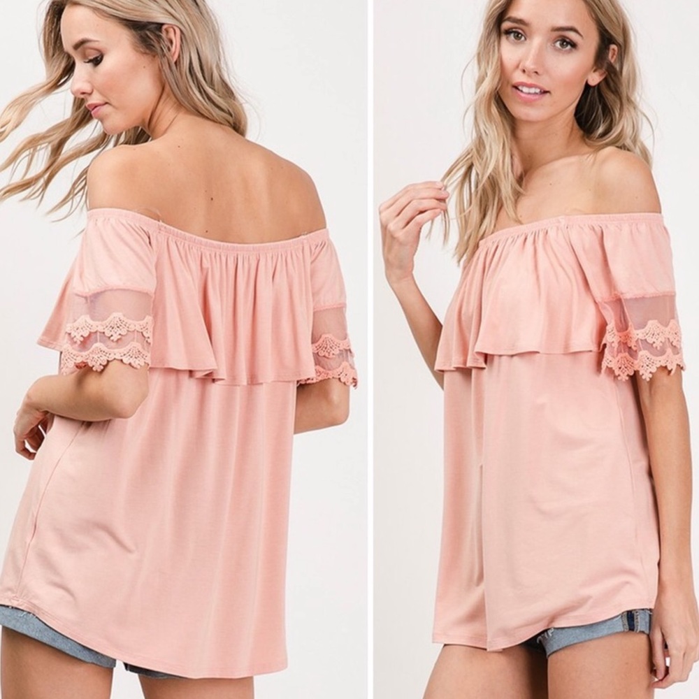 CY Fashion Women’s Off Shoulder Peach Mauve Lace Detail Tunic Top Size S
